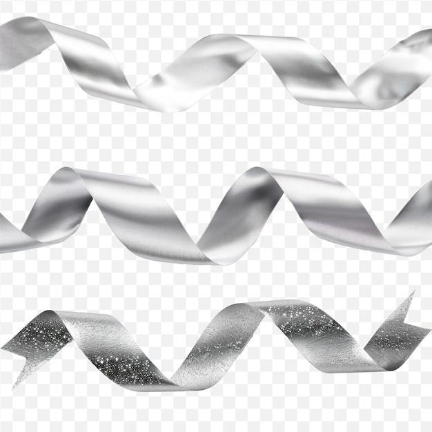 PSD isolated wavy silver satin ribbon element in set of three