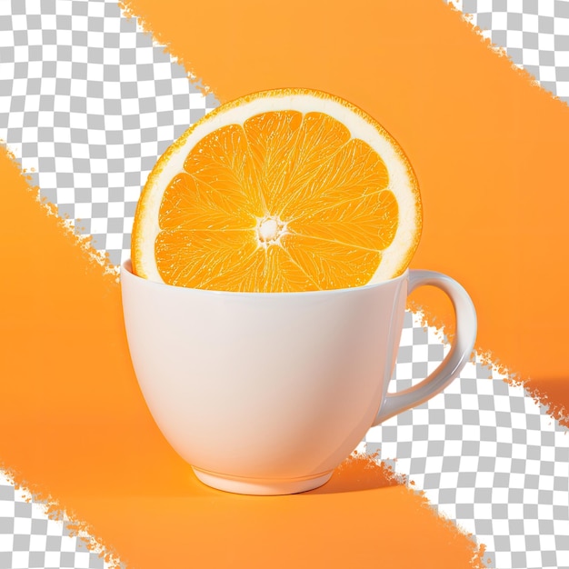 Isolated white cup with orange slice on transparent background