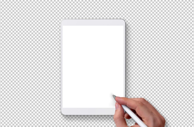 Isolated white tablet and hand with pencil