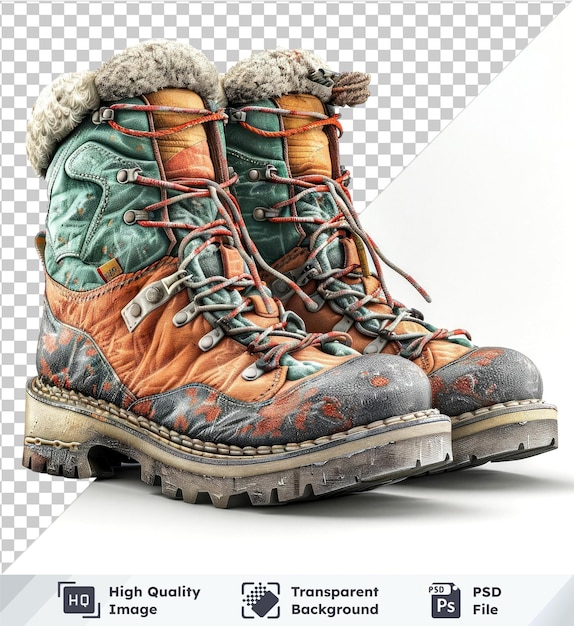 Isolated winter hiking boots with a pair in the foreground on transparent background