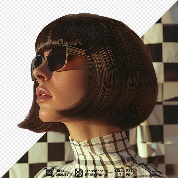 PSD isolated a woman with a brown hair and a black and white checkered background stands in front of a white and black wall she wears black sunglasses and a white collar and has a large nose