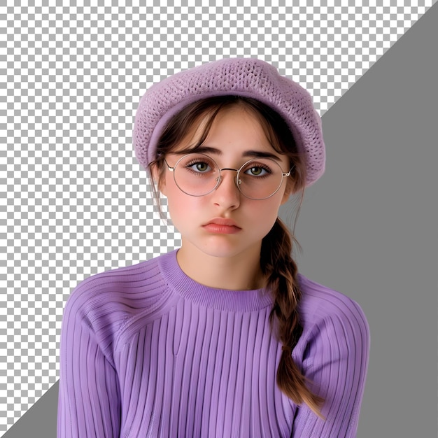 PSD isolated young girl doing poses sad confused amazed angry happy with beret and glasses