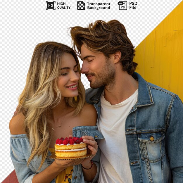 isolated a young man closing his girlfriends eyes and holding cake in his hand standing in front of a yellow wall wearing a blue jacket and white shirt with a red strawberry in his hand png