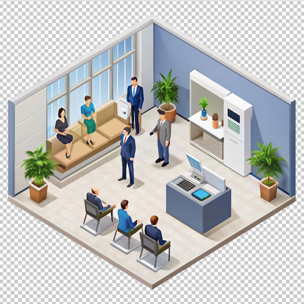 PSD isometric bank office reception waiting area isolated on transparent background