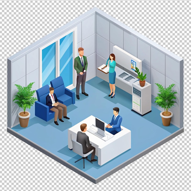 PSD isometric bank office reception waiting area isolated on transparent background