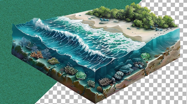 PSD isometric blue ocean with waves surfing background deep sea view with ocean surface under water