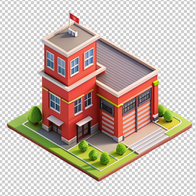 PSD isometric building fire station transparent background