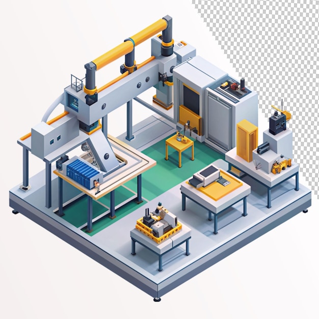 PSD isometric composition with automated machinery on transparent background