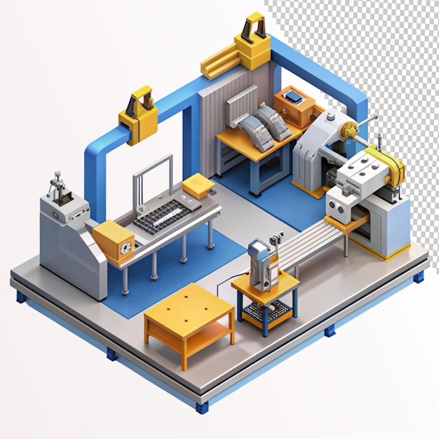 PSD isometric composition with automated machinery on transparent background