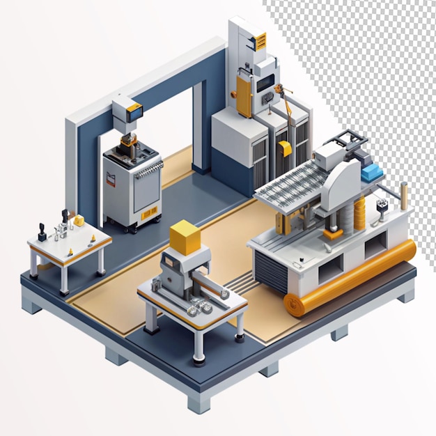 PSD isometric composition with automated machinery on transparent background