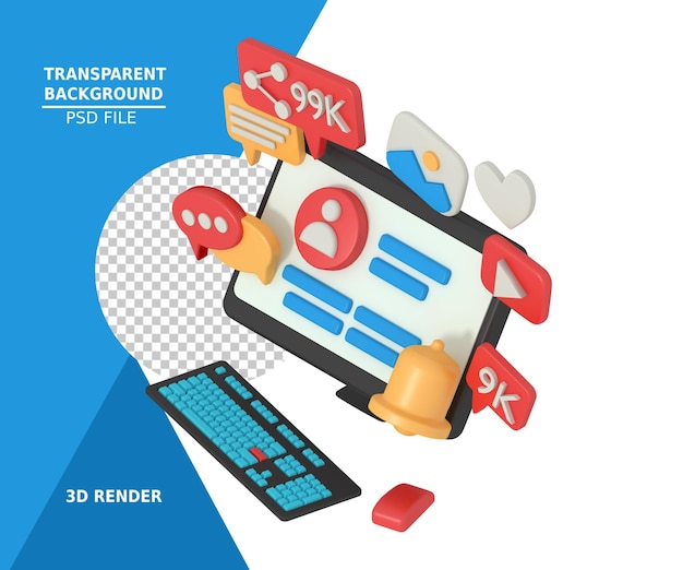 Isometric view 3d modeling profile social media in computer