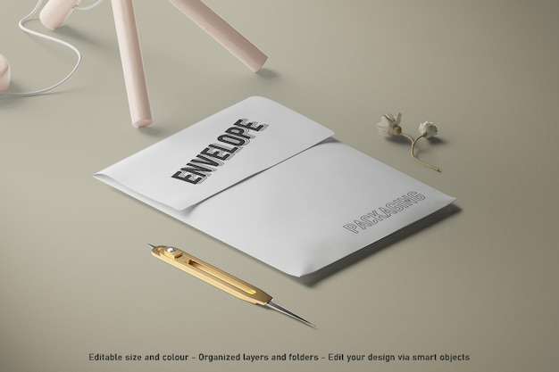 isometric view blank paper closed envelope packaging mockup scene