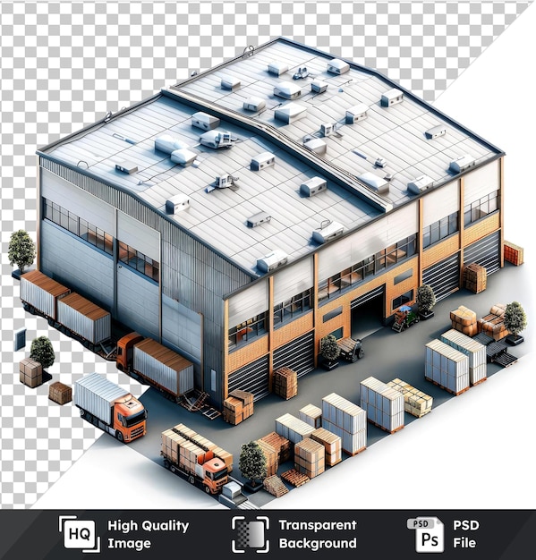 PSD isometric view of blue warehouse and green tree on transparent background