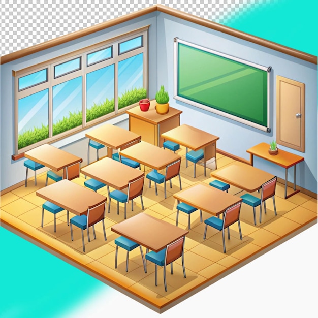 PSD an isometric view of a classroom with desks and chairs