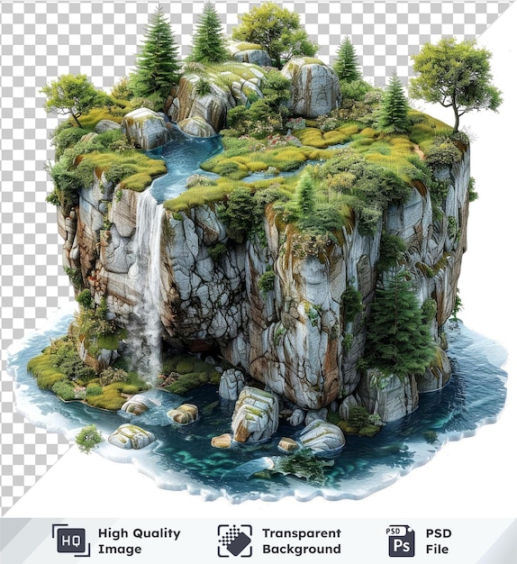 Isometric view of island cube with forest and river transparent object