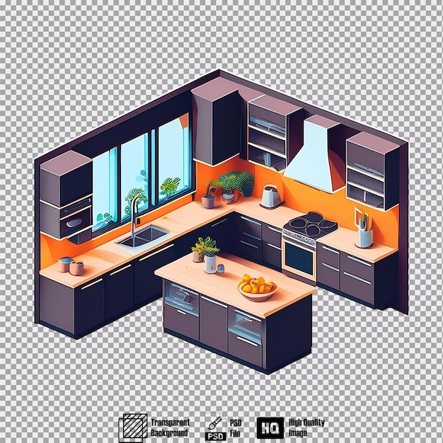 PSD isometric view of a sleek modern kitchen