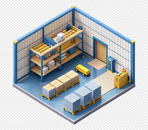 PSD isometric warehouse interior with shelves and packages