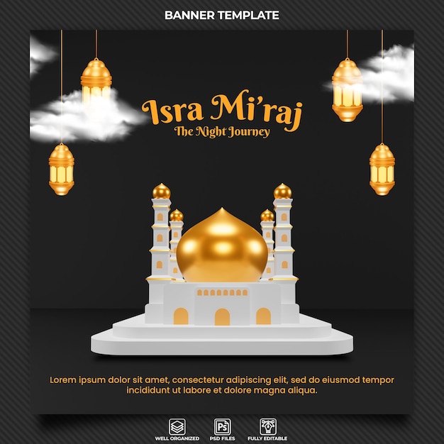 Isra miraj banner template with 3d mosque and islamic lantern ornament