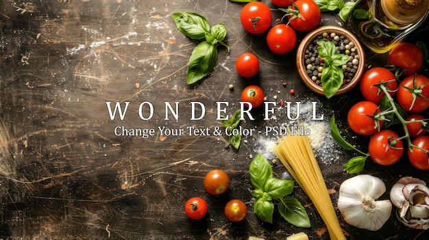 PSD italian cuisine ingredients on rustic wooden background