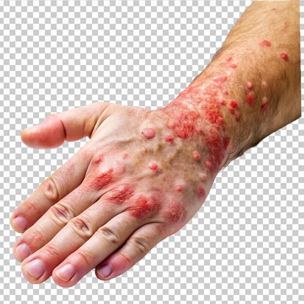 PSD itchy psoriasis on arm and hand on transparent background