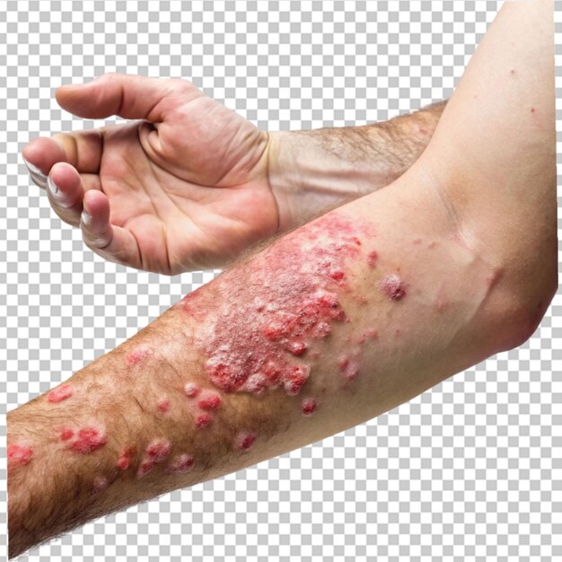 PSD itchy psoriasis on arm and hand on transparent background