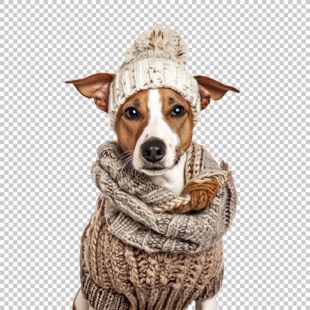 PSD jack russell terrier dog with winter hat and scarf isolated on transparent background