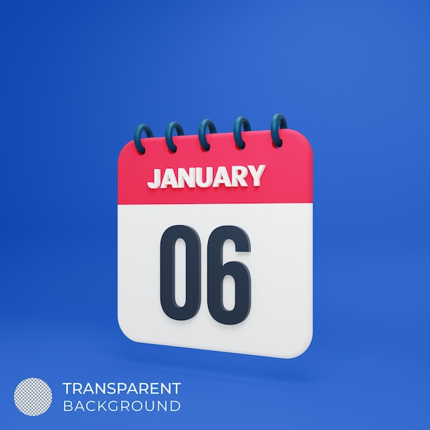 January Realistic Calendar Icon 3D Illustration Date January 06