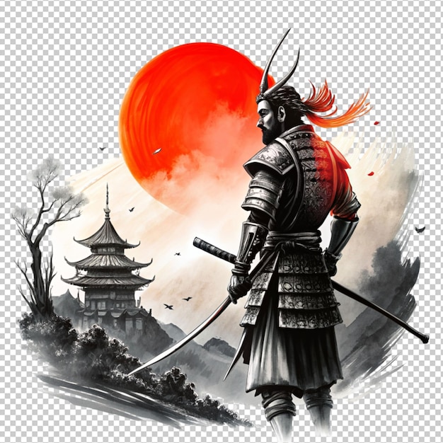 PSD japanese ink drawing in the style of samurai lege isolated on transparent background