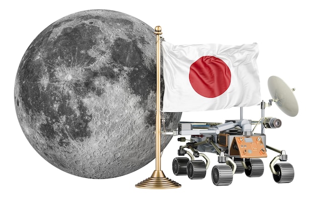 PSD japanese lunar exploration program planetary rover with moon and japanese flag 3d rendering isolated on transparent background