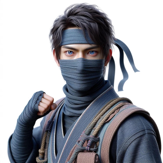 PSD japanese ninja fighter portrait as a social media avatar template mockup white background