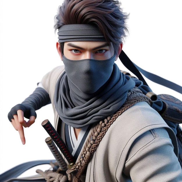 PSD japanese ninja fighter portrait as a social media avatar template mockup white background