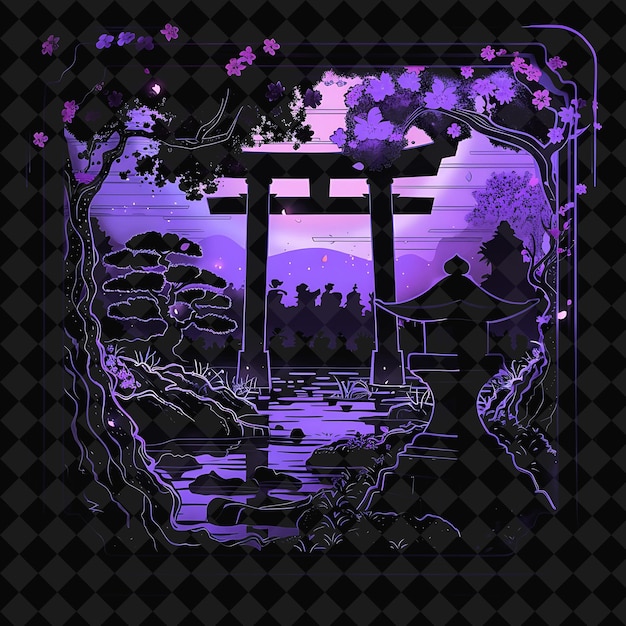 PSD a japanese shrine with a purple background and a tree with purple flowers