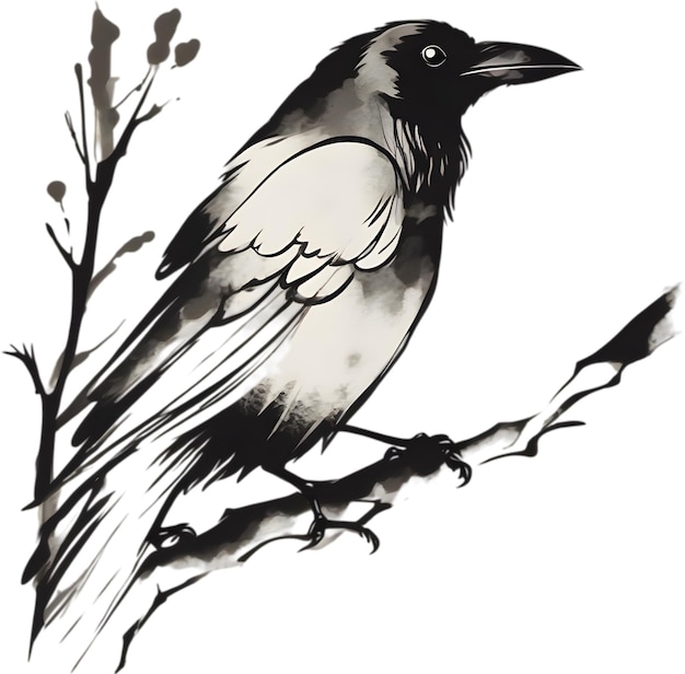 Japanese style painting with brush strokes of Crow Bird