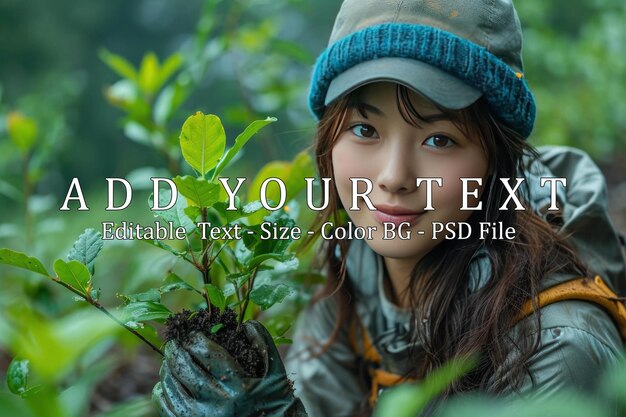 a Japanese teenage girl planting tree