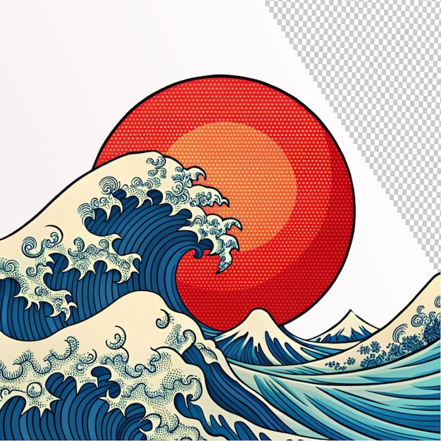 PSD japanese wave red sun comic retro on transparent background