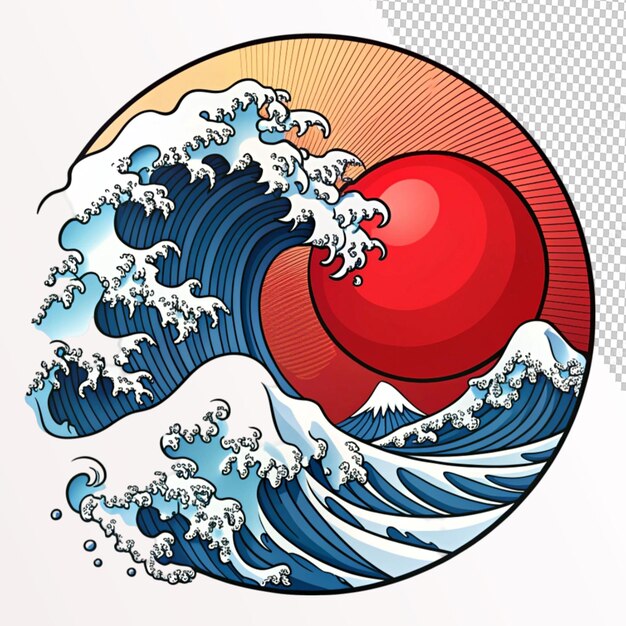 PSD japanese wave red sun comic retro on transparent background