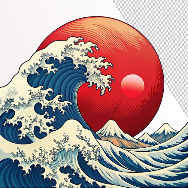 PSD japanese wave red sun comic retro on transparent background