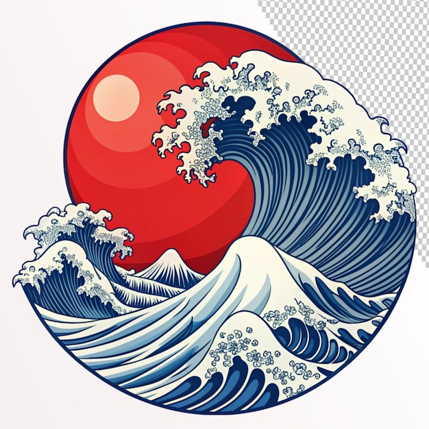 PSD japanese wave red sun comic retro on transparent background