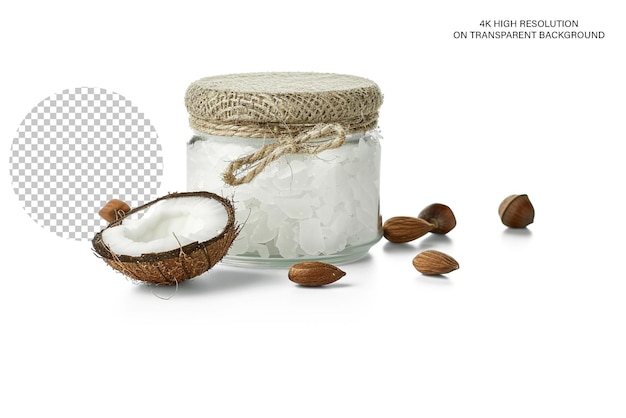 PSD jar of coconut oil and fresh coconuts on transparent background