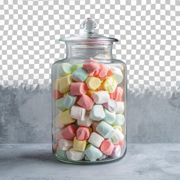 PSD a jar of colorful marshmallows with a white background