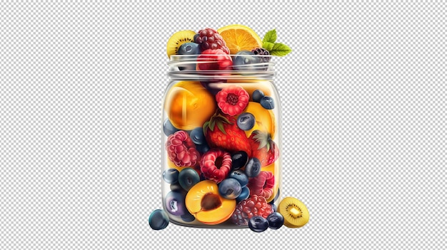 A jar of different kinds of fruit and berries