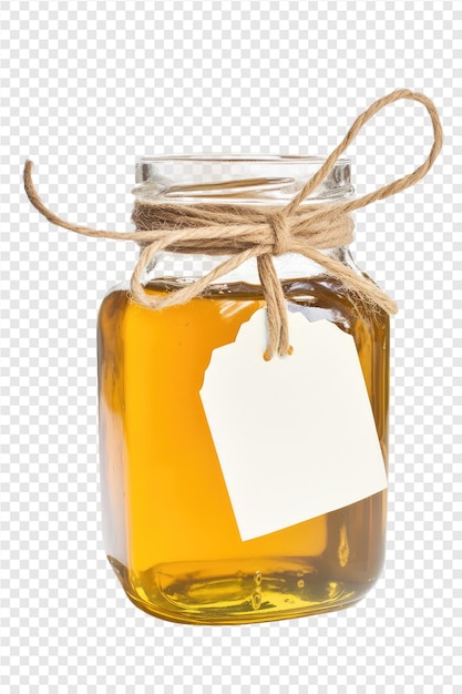 PSD a jar of honey with a stick on it and a string tied around it