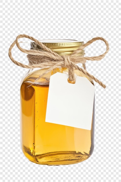 a jar of honey with a tag on it