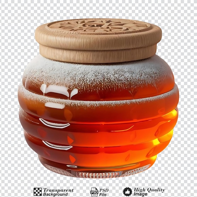 A jar of honey with a wooden lid isolated