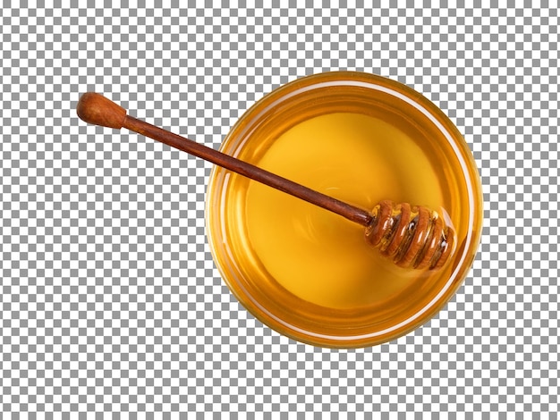 A jar of honey with a wooden stick in it with transparent background