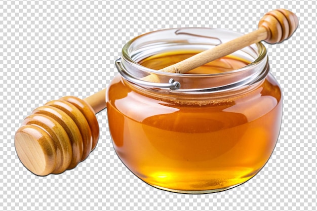 a jar of honey with a wooden stick and a wooden stick