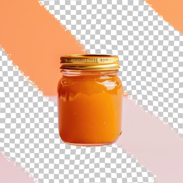 a jar of jam sits on a checkered surface