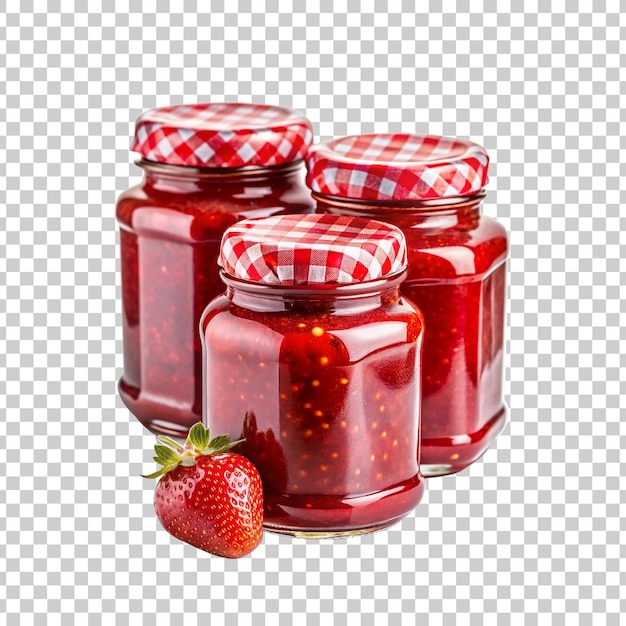 a jar of red jam with a strawberry on the bottom