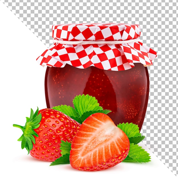 Jar of strawberry fruit jam isolated on white background