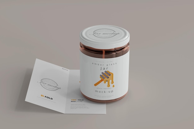 Jar with Bi-Fold Brochure Mockup